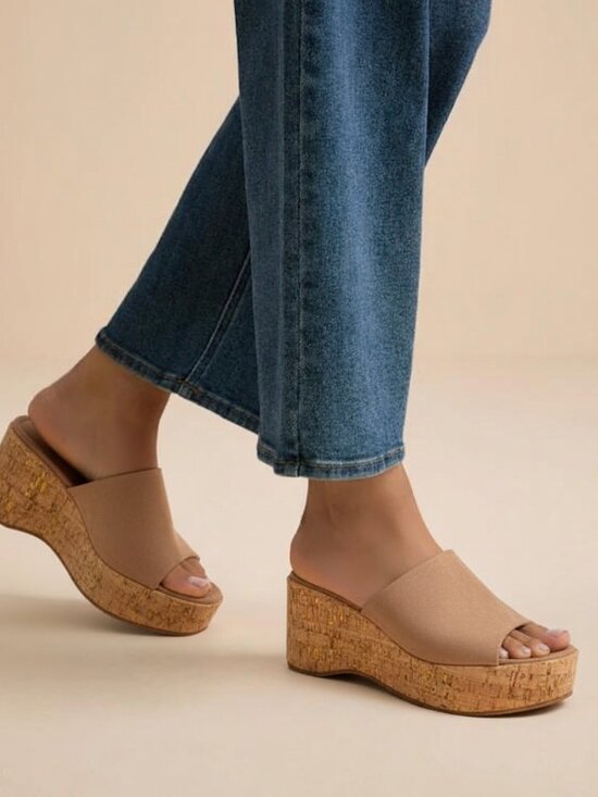 Chase + Chloe Shoes - Women's Platform Wedge Slide Sandals Open Toe Slip On Cork Heel Casual Summer